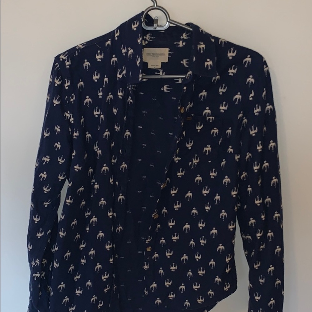 Blue button up with white bird design